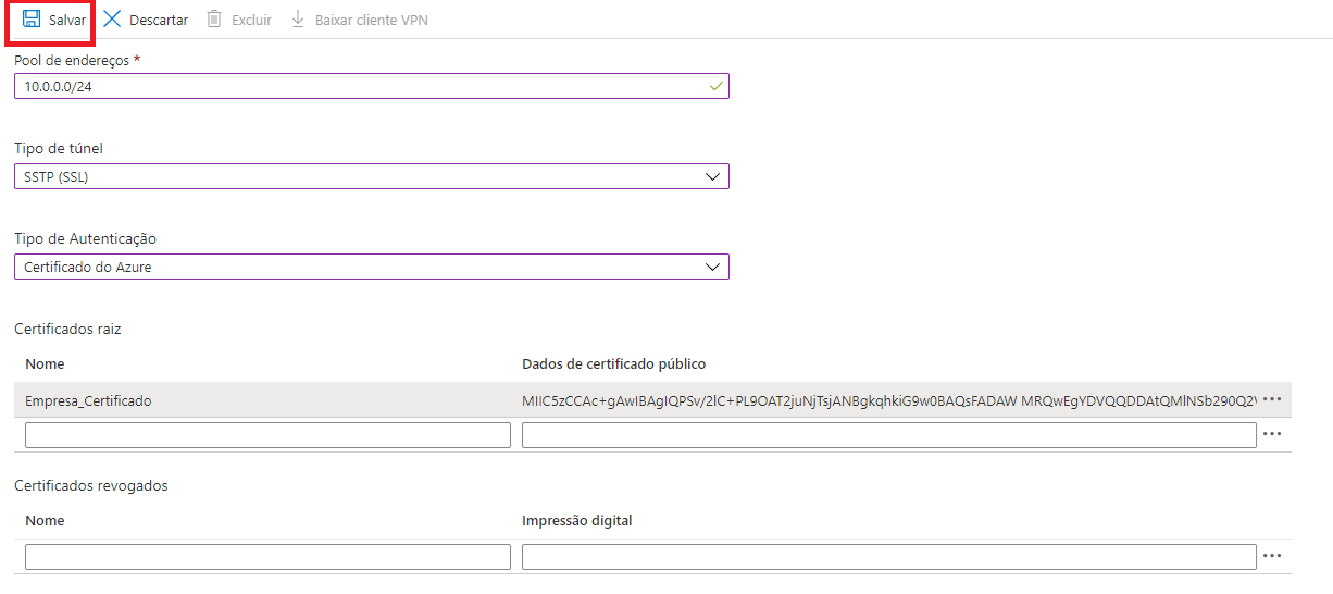 VPN Azure Point to site Configuração